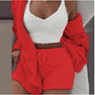 Driedelige loungeset van teddystof: top, short, vest, kleur rood