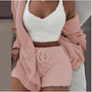 Driedelige loungeset van teddystof: top, short, vest, kleur roze