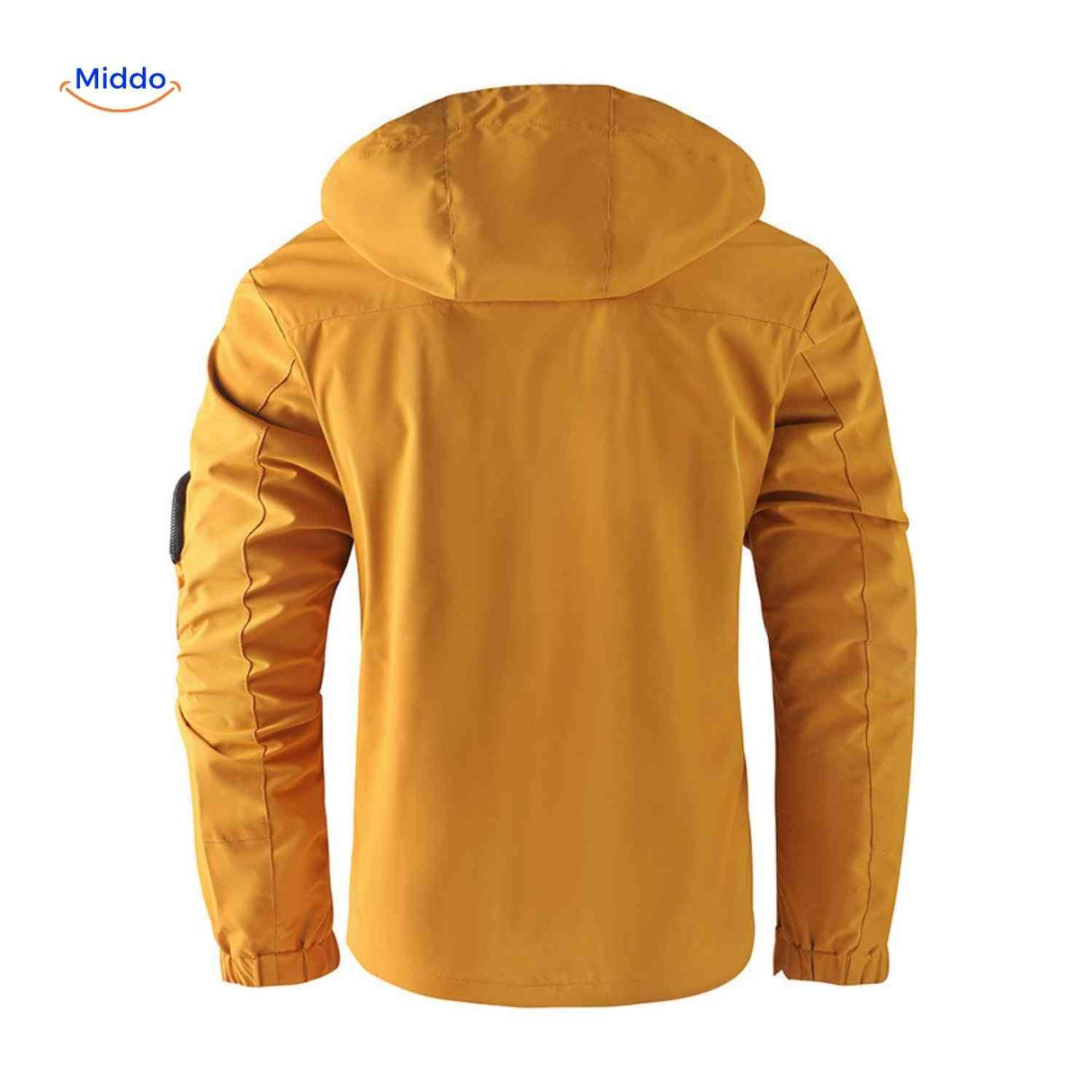 Okergele waterdichte heren outdoorjas met capuchon en armdetail
