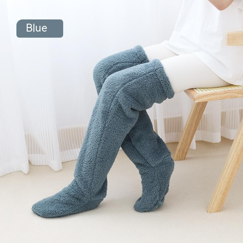 Overknee huissokken van teddystof, 55 cm lang, kleur blauw