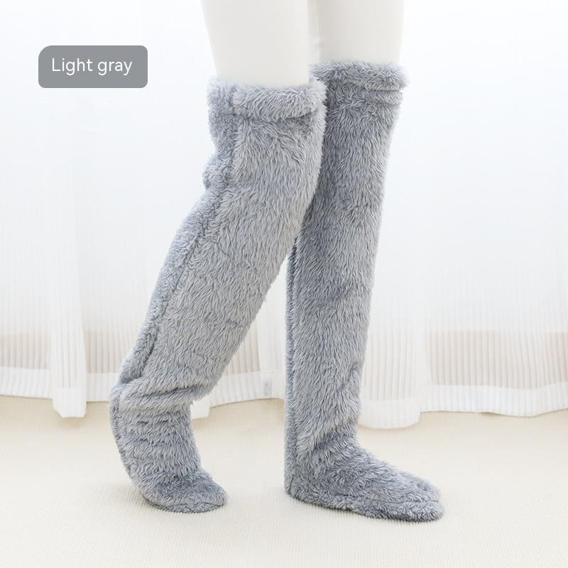 Overknee huissokken van teddystof, 55 cm lang, kleur licht grijs
