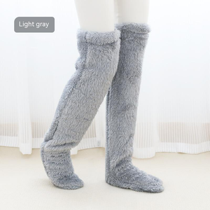 Overknee huissokken van teddystof, 55 cm lang, kleur licht grijs