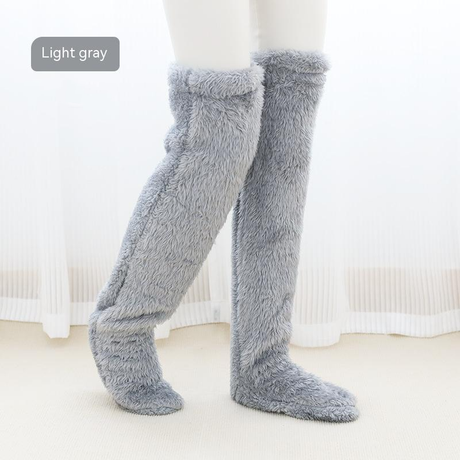 Overknee huissokken van teddystof, 55 cm lang, kleur licht grijs