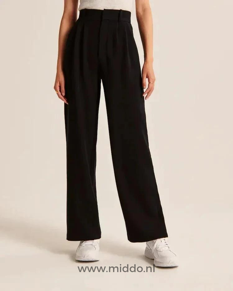 Wijde pantalon dames met hoge taille en plooien, kleur 1x zwart