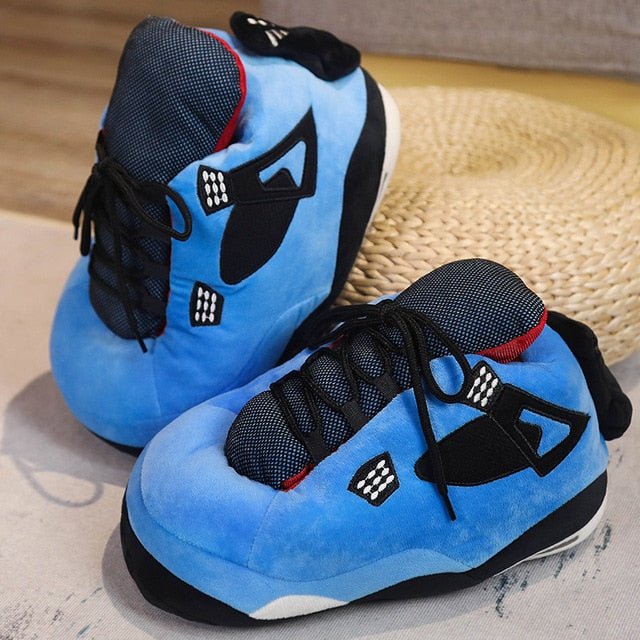 Pluche sneakerpantoffels met veters en gestikte zool, kleur blauw