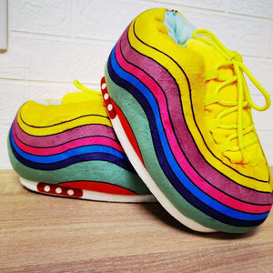 Pluche sneakerpantoffels met veters en gestikte zool, kleur rainbow