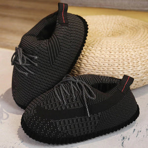 Pluche sneakerpantoffels met veters en gestikte zool, kleur zwart