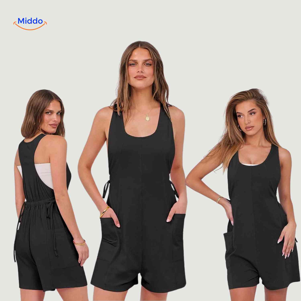 Mouwloze playsuit dames met racerback en steekzakken