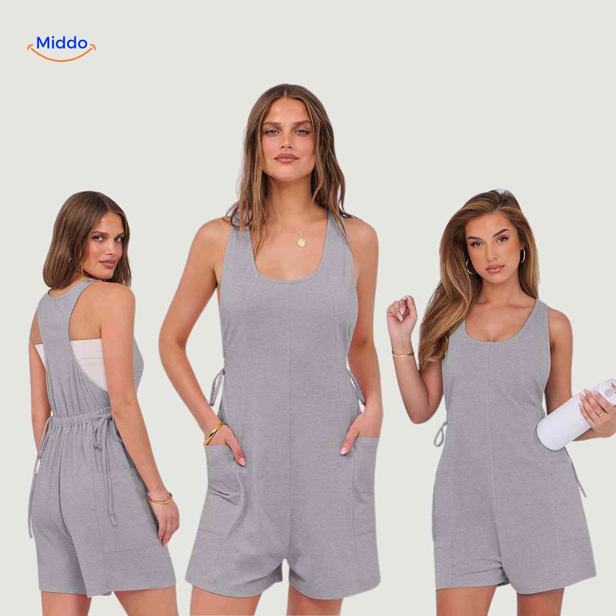 Mouwloze playsuit dames met racerback en steekzakken