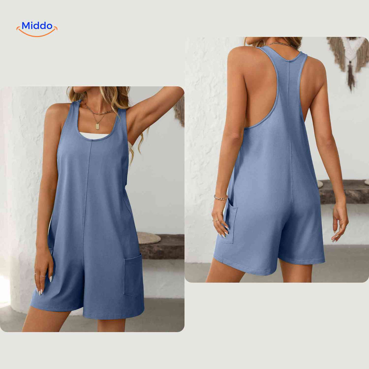 Mouwloze playsuit dames met racerback en steekzakken, kleur grijsblauw