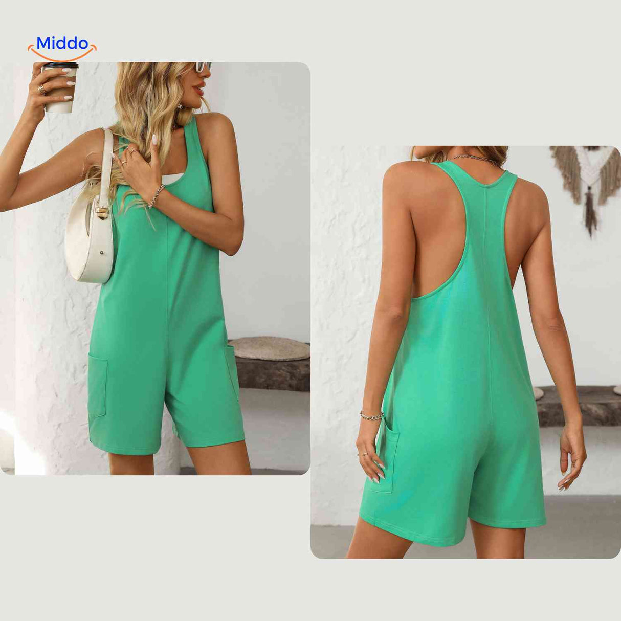Mouwloze playsuit dames met racerback en steekzakken, kleur groen