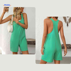 Mouwloze playsuit dames met racerback en steekzakken, kleur groen