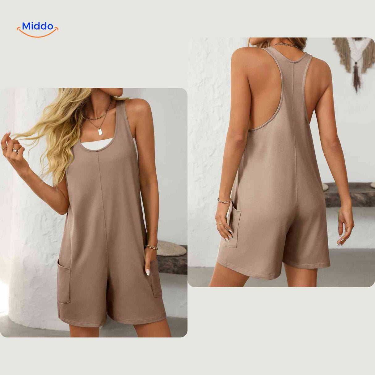 Mouwloze playsuit dames met racerback en steekzakken, kleur kaki