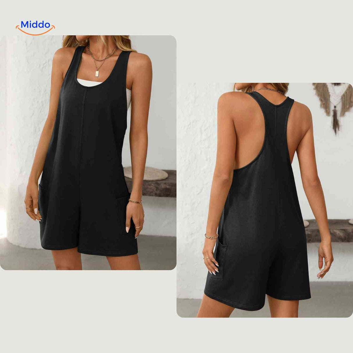 Mouwloze playsuit dames met racerback en steekzakken, kleur zwart