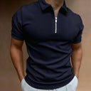 Herenpolo met korte ritssluiting en geribde kraag, kleur diep donker blauw