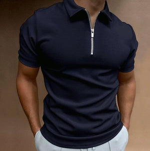 Herenpolo met korte ritssluiting en geribde kraag, kleur diep donker blauw