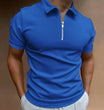 Herenpolo met korte ritssluiting en geribde kraag, kleur helder blauw