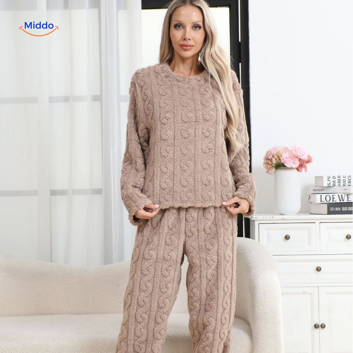 Pyjamaset dames van flanellen fleece, top en broek