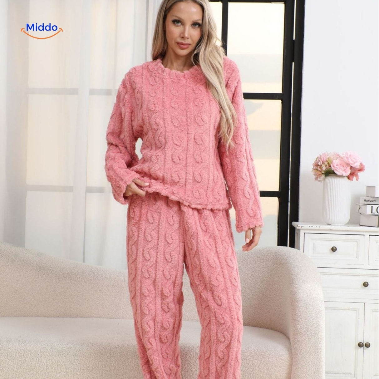 Pyjamaset dames van flanellen fleece, top en broek