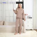 Pyjamaset dames van flanellen fleece, top en broek, kleur khaki
