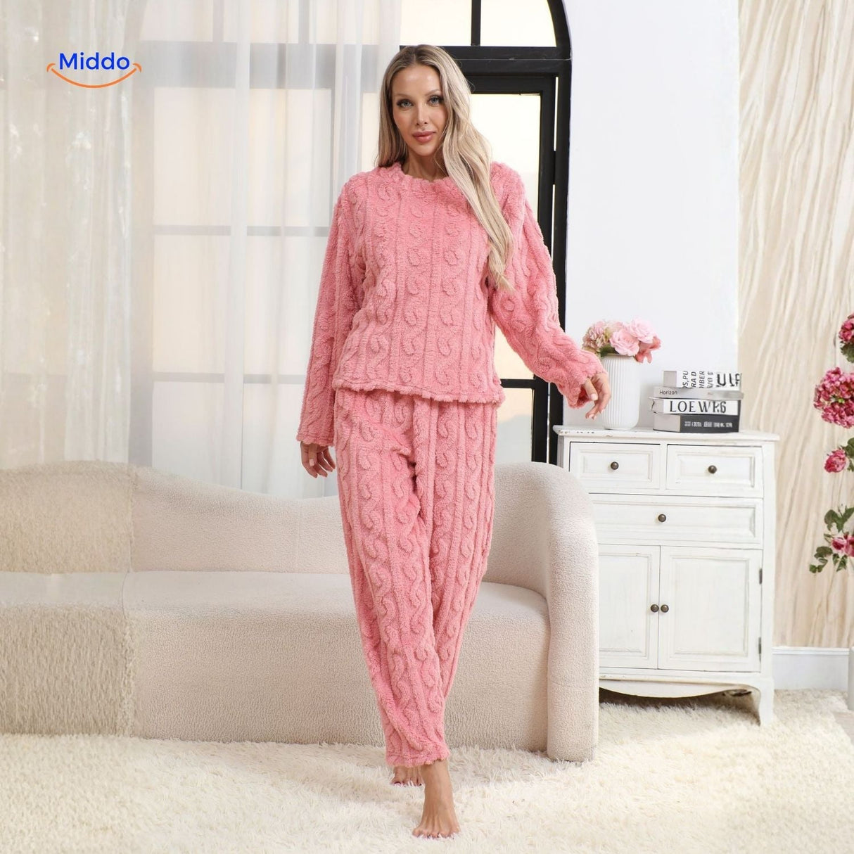 Pyjamaset dames van flanellen fleece, top en broek, kleur roze