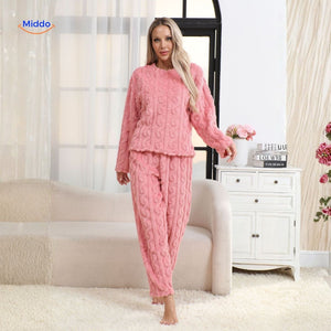 Pyjamaset dames van flanellen fleece, top en broek, kleur roze
