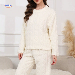 Pyjamaset dames van flanellen fleece, top en broek, kleur wit