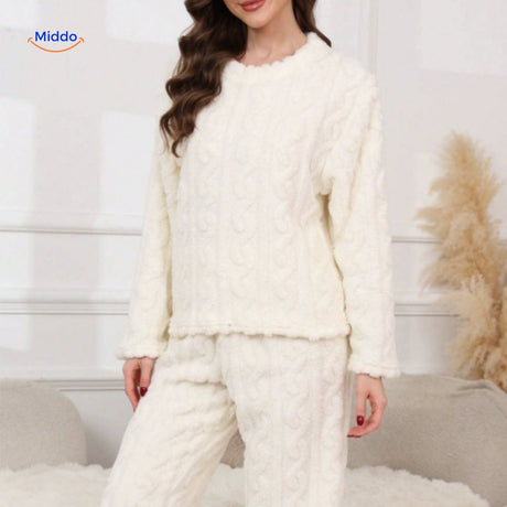 Pyjamaset dames van flanellen fleece, top en broek, kleur wit