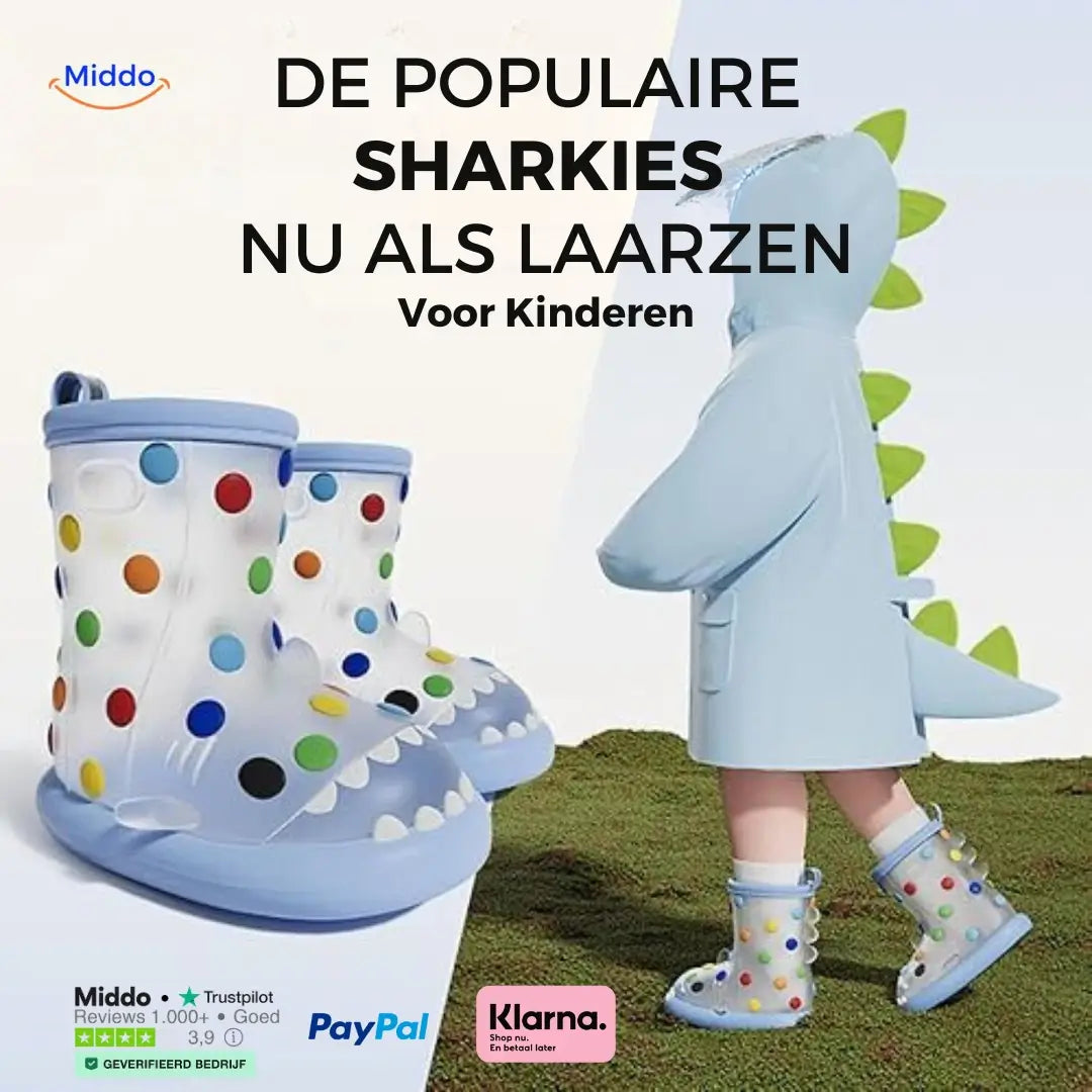Regenlaarzen voor kinderen met haaidessin en lussen, kleur klein calciumblauw