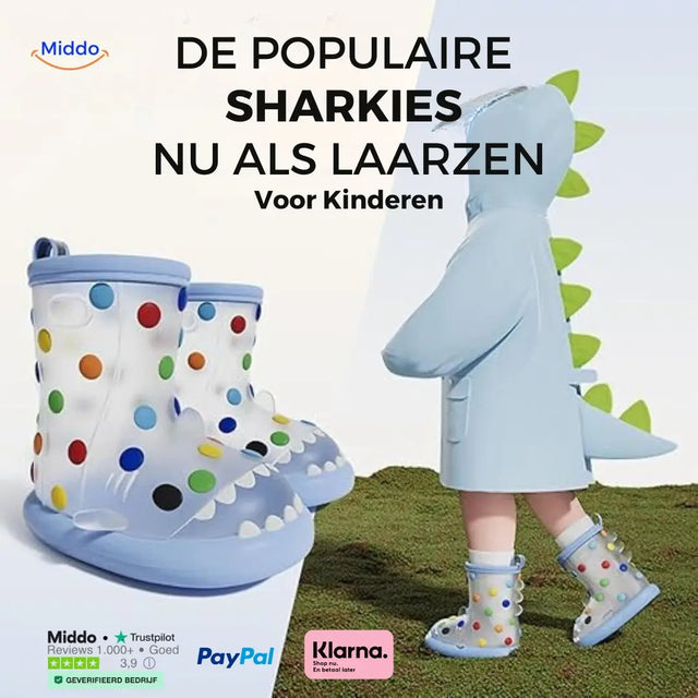 Regenlaarzen voor kinderen met haaidessin en lussen, kleur klein calciumblauw
