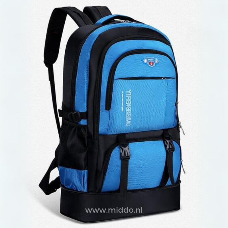 Ruime reisrugzak met heupband en meerdere ritsvakken, kleur blauw