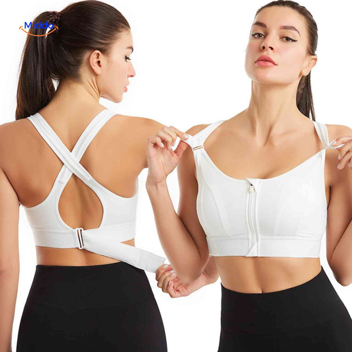 Sportbh dames met rits voor en verstelbare bandjes, kleur wit