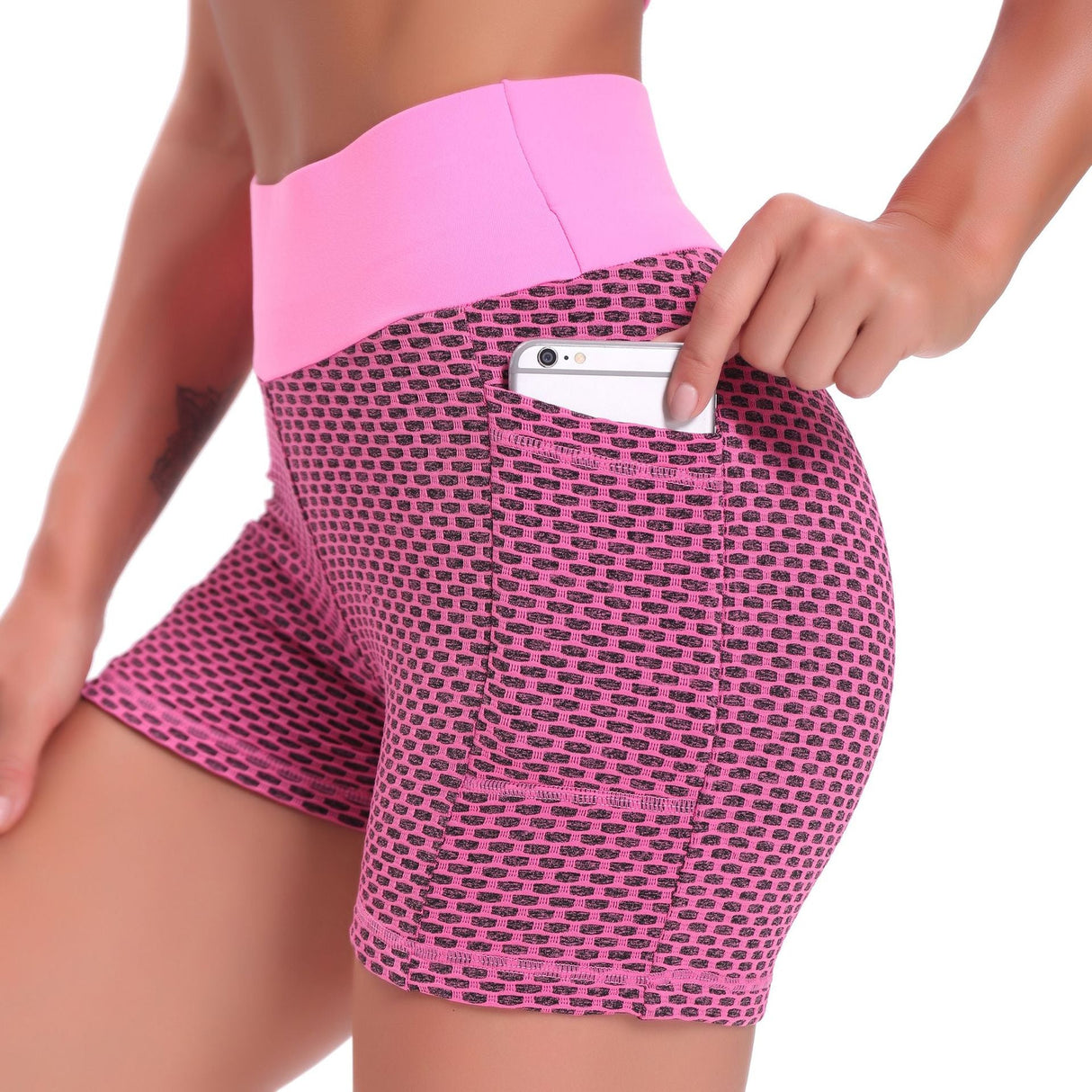 Yoga shorts dames met hoge taille van ademend jacquard, kleur roze