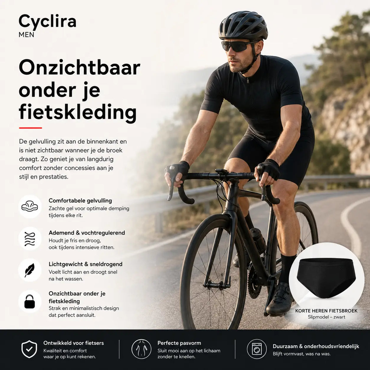 Fietsslip heren met gelzeem, ademend en sneldrogend