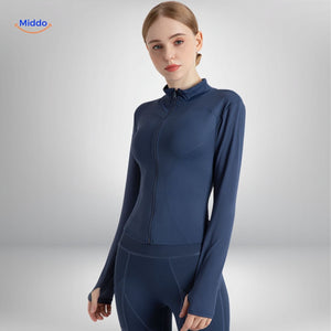 Sportjack met hoge staande kraag, elastisch en ademend, kleur walvisblauw