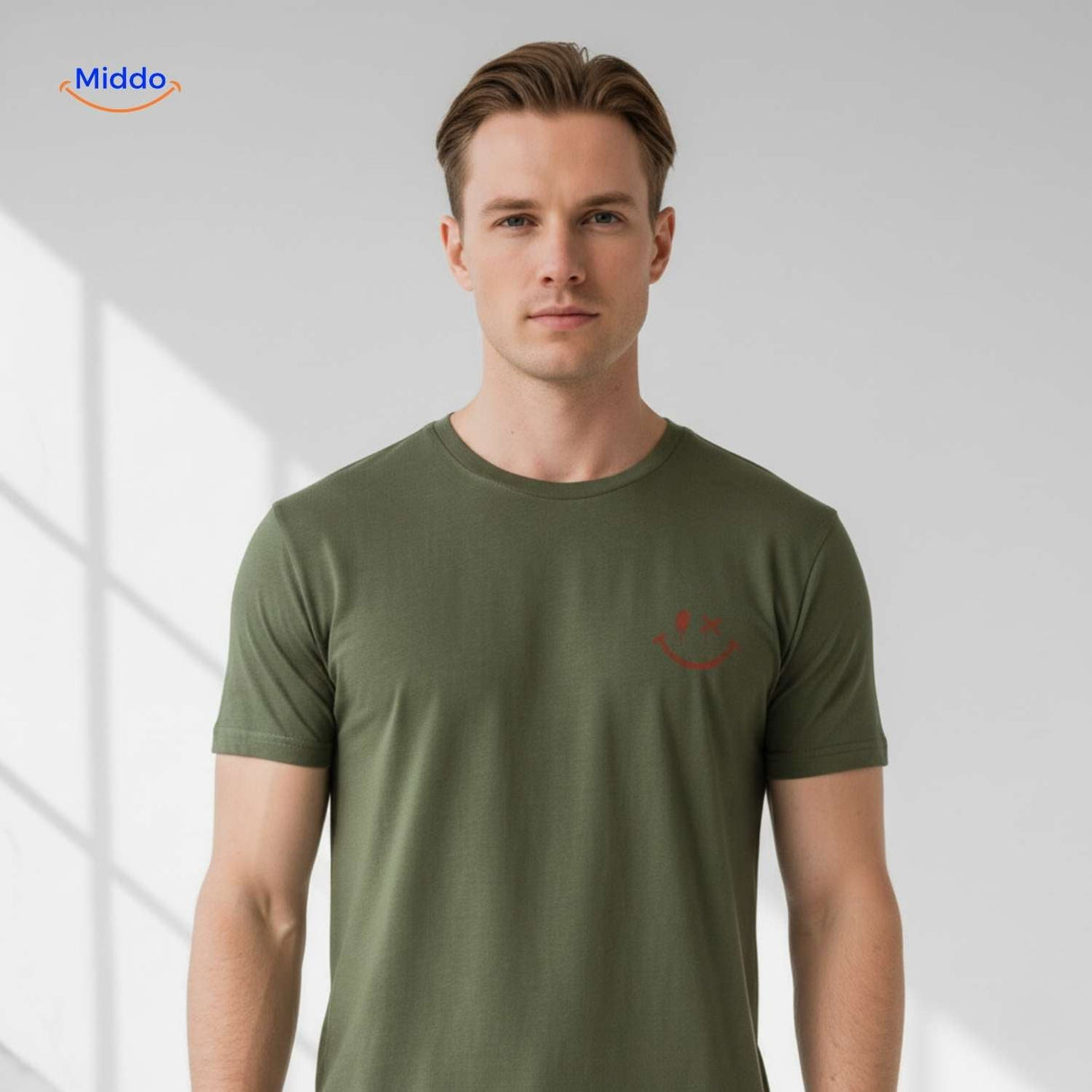 T-shirt van katoen met zonprint op de achterkant, kleur legergroen