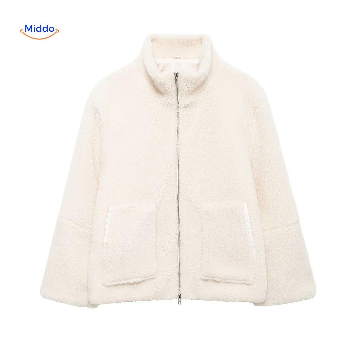 Oversized teddyjas met hoge kraag en twee steekzakken, kleur gebroken wit