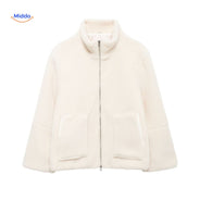 Oversized teddyjas met hoge kraag en twee steekzakken, kleur gebroken wit
