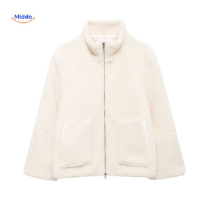 Oversized teddyjas met hoge kraag en twee steekzakken, kleur gebroken wit
