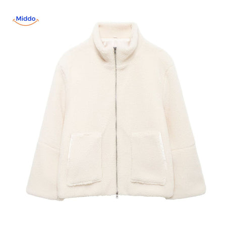 Oversized teddyjas met hoge kraag en twee steekzakken, kleur gebroken wit
