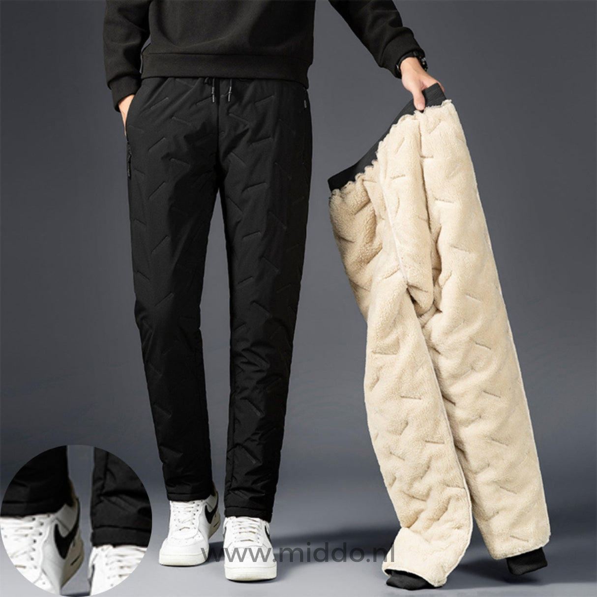Thermobroek unisex met dikke fleecevoering en ritszakken, kleur zwart (rechte pijpen)