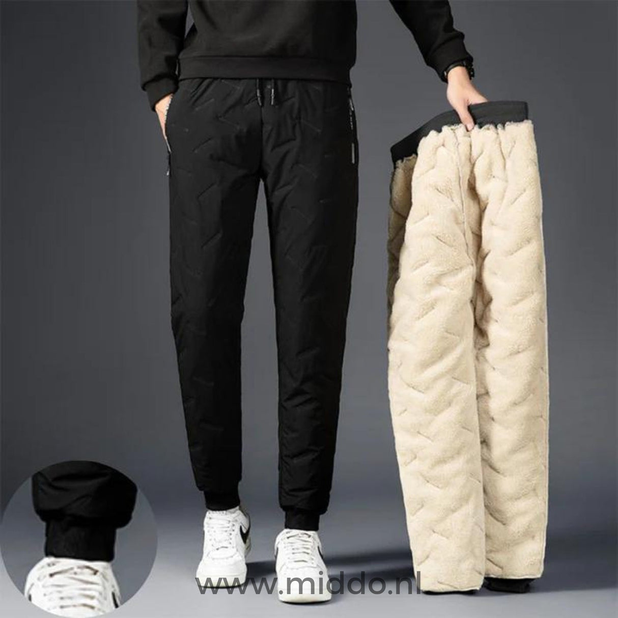 Thermobroek unisex met dikke fleecevoering en ritszakken, kleur zwart (strakke pijpen)