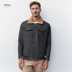 Herenjas met sherpa kraag en voering, met drukknopen, kleur donkergrijs