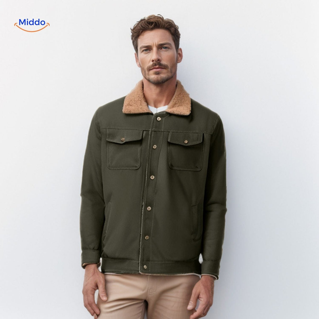 Herenjas met sherpa kraag en voering, met drukknopen, kleur legergroen