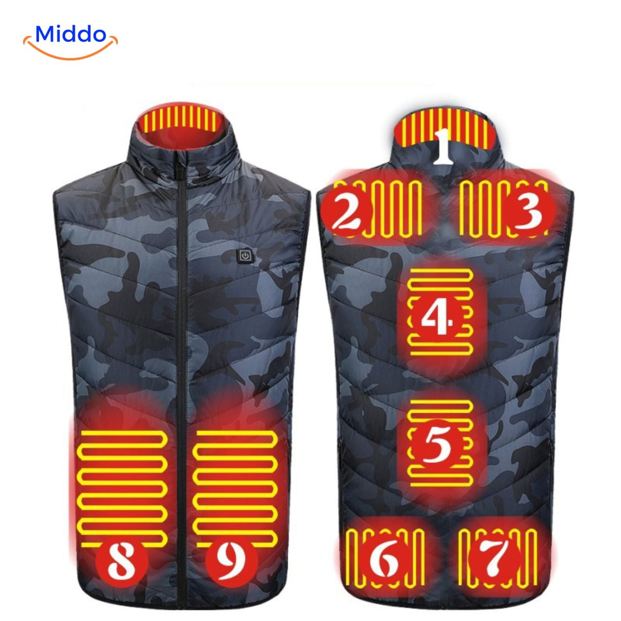 Verwarmde bodywarmer met USB en opstaande kraag, kleur 9 verwarmde zones camouflage
