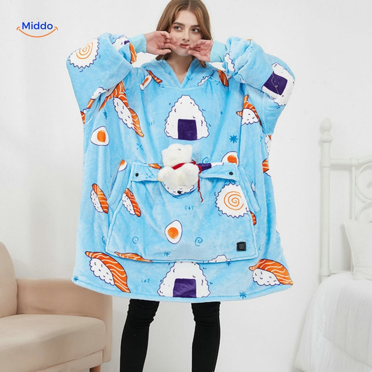 Verwarmde dekenhoodie met USB en zachte fleecevoering, kleur blauwe achtergrondsushi