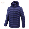 Verwarmde gewatteerde jas met capuchon, 2 tot 15 zones, kleur blauw 15 zones verwarmd