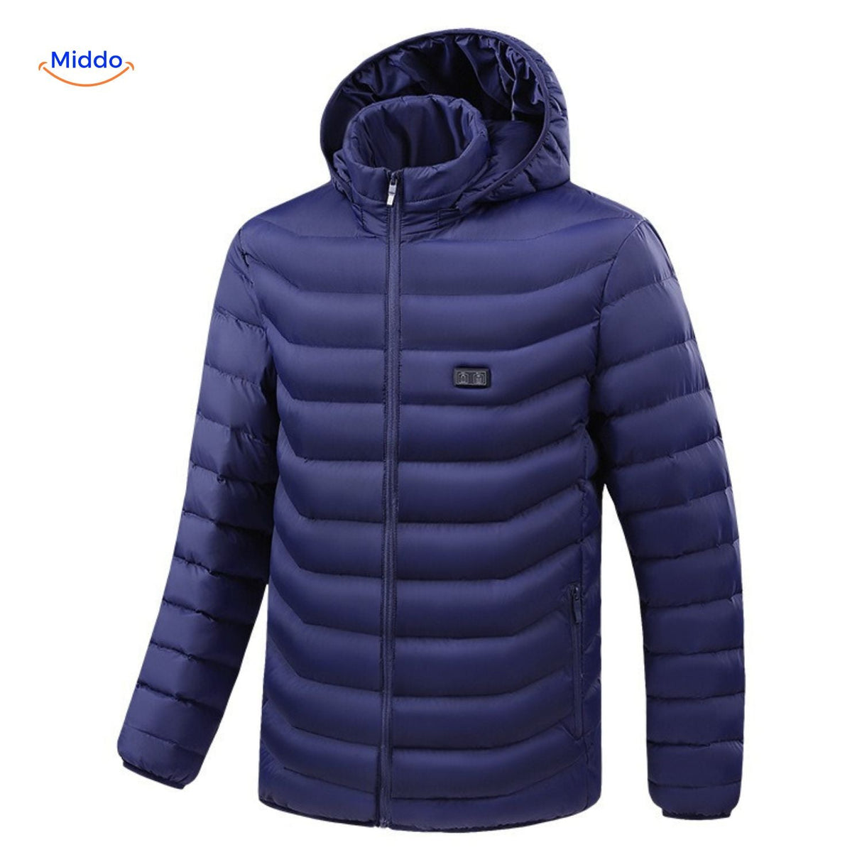 Verwarmde gewatteerde jas met capuchon, 2 tot 15 zones, kleur blauw 15 zones verwarmd