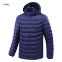 Verwarmde gewatteerde jas met capuchon, 2 tot 15 zones, kleur blauw 15 zones verwarmd