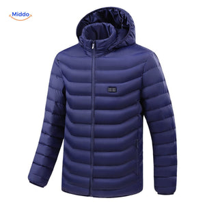Verwarmde gewatteerde jas met capuchon, 2 tot 15 zones, kleur blauw 15 zones verwarmd